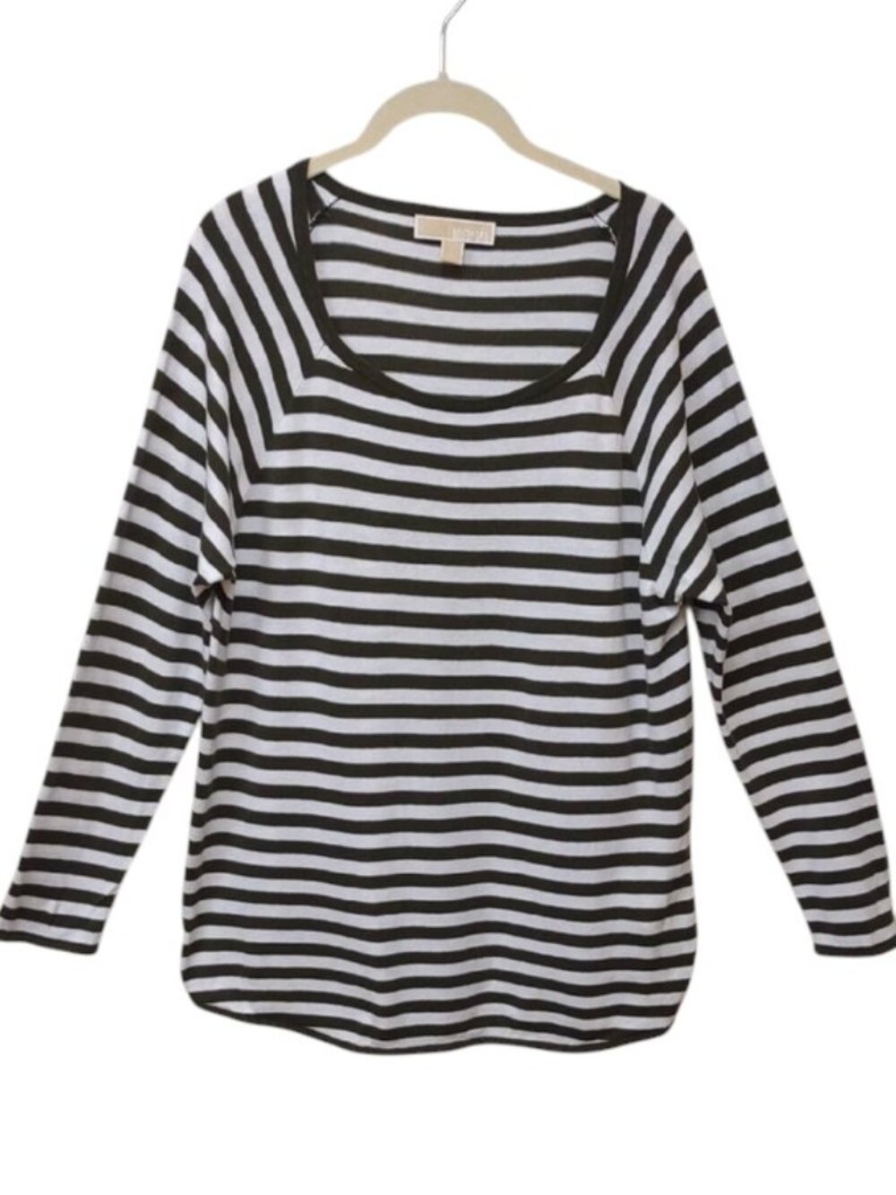 Michael Kors Olive Green & White Striped Knit Raglan Sleeve Scoop Neck Long Top